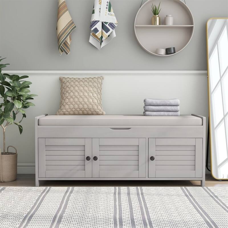 Merax 3 Shutter-shaped Doors Storage Bench with Removable Cushion