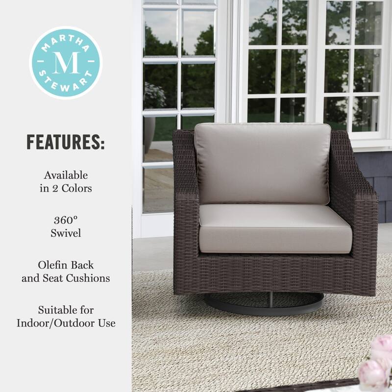Martha Stewart Outdoor Rattan Wicker Swivel Chair with All-Weather Cushions - 34"D x 32"W x 30"H