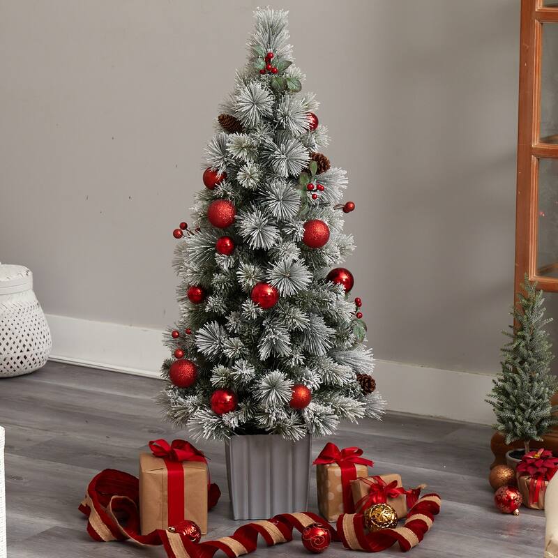 4Ft Pre-Lit Christmas Tree with Ornaments & Planter - Holiday Decor - Red - 48