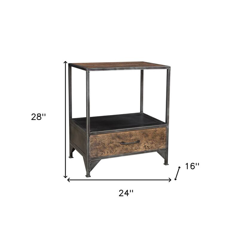 HomeRoots 28" Brown And Dark Gray Steel and Solid Wood Distressed One Drawer Nightstand