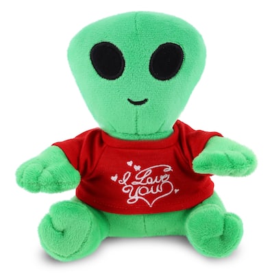 DolliBu I LOVE YOU Green Alien Plush Stuffed Animal with Red Shirt - 6 inches