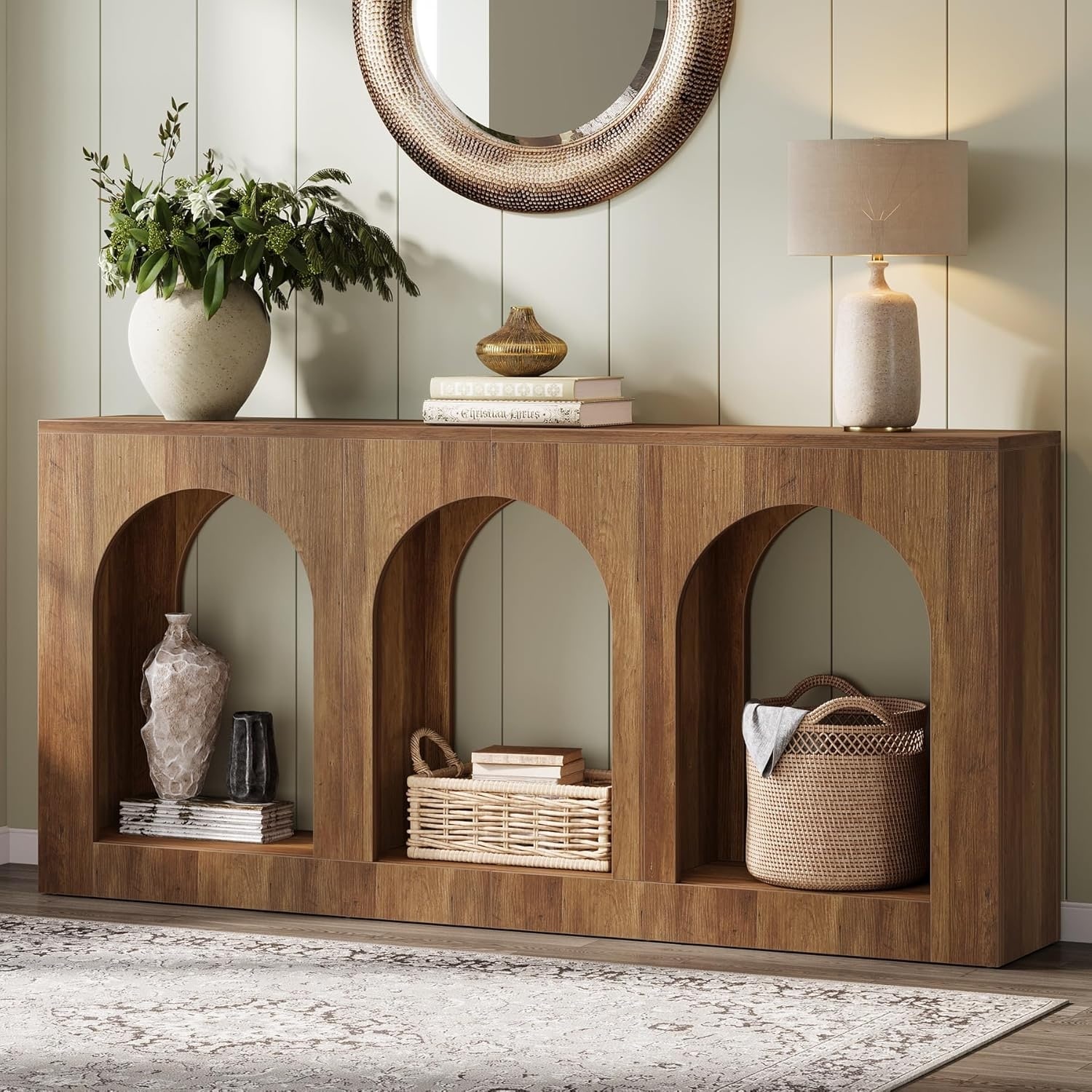 70.9" White Console Table with Storage, Wood Entryway Entry Table with 3 Arched Shelves