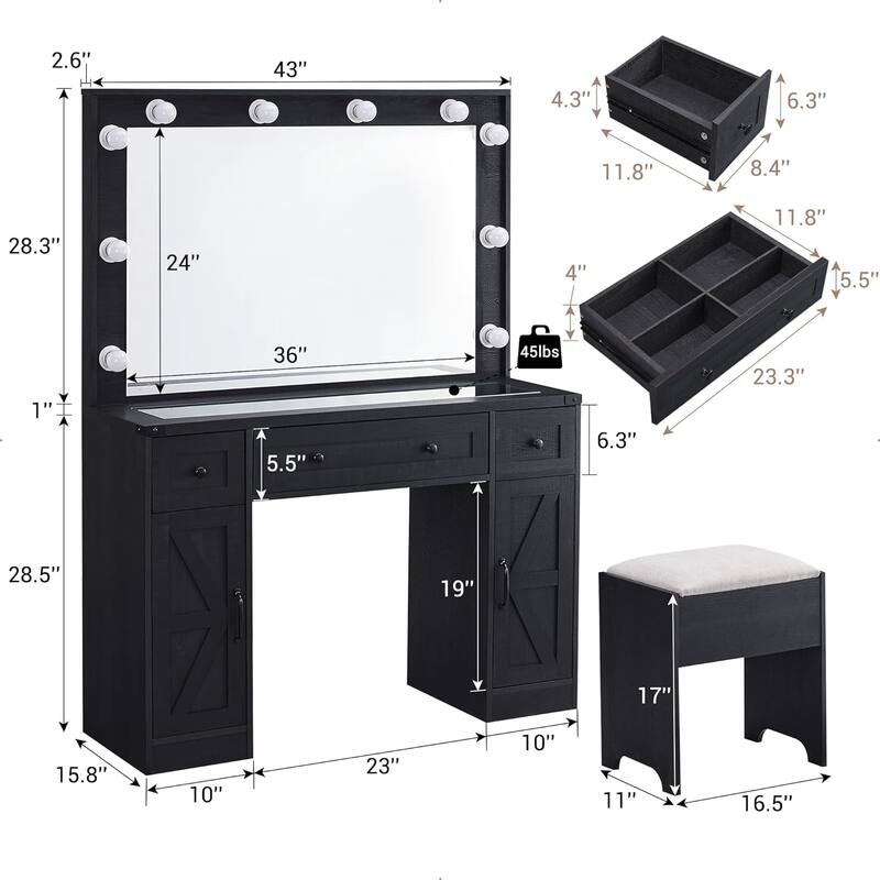 Farmhouse Vanity Desk with Mirror and Storage Space, Stool Included