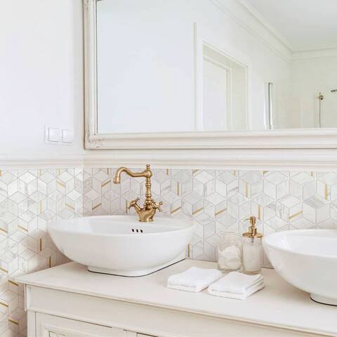 TileGen. Natural Dorato Gold Metal Stainless Steel Polished Marble Mosaic in White/Gold Wall Tile (10 sheets/10.6 sqft.)