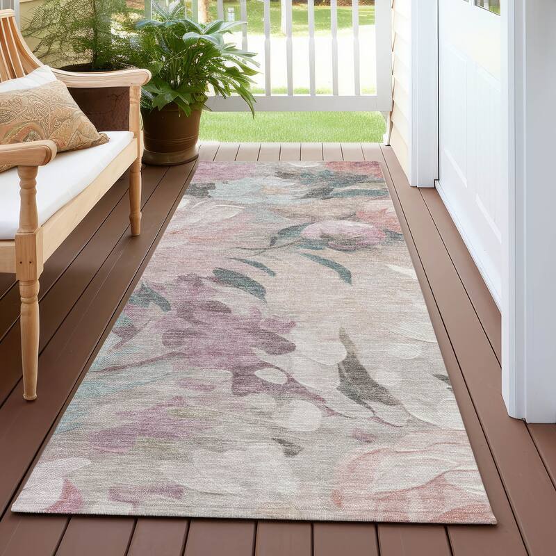 Machine Washable Indoor/ Outdoor Watercolor Floral Chantille Rug - Beige - 2'3" x 7'6"