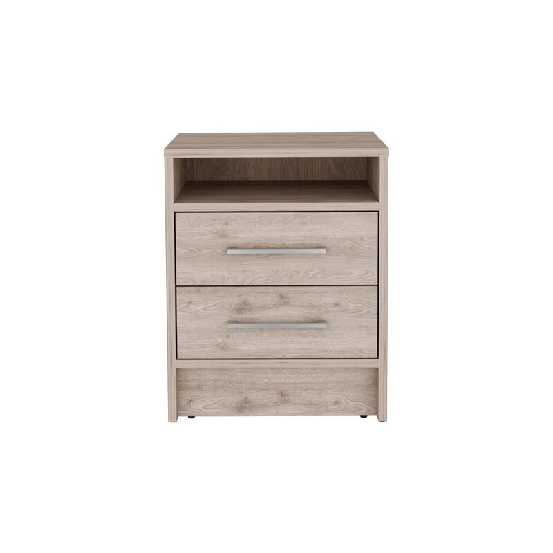 Light Gray Nightstand with Two Drawers and Open Shelf