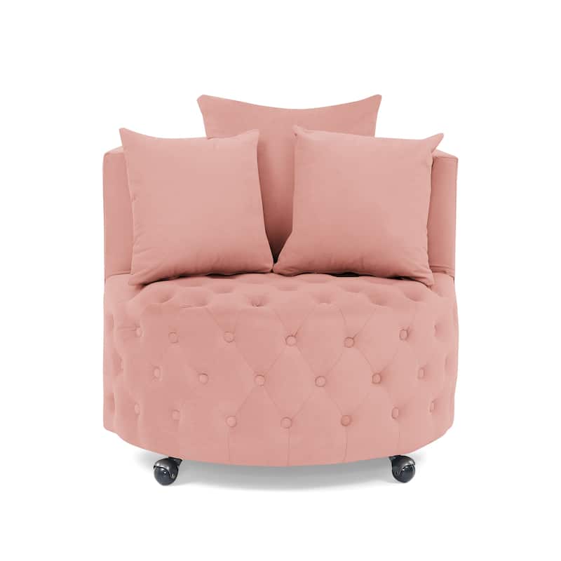 Pink 30" Upholstered Swivel Tufted Accent Chair with Movable Wheels