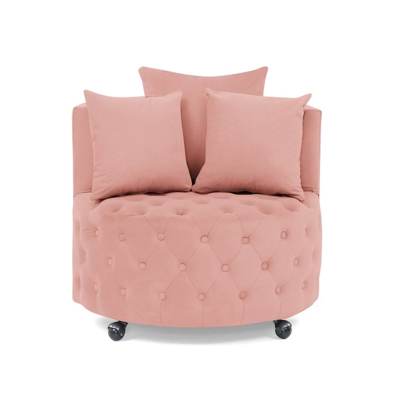 Roomfitters Velvet Swivel Chair with Tufted Button Design, Round Accent Chair with 3 Pillows and Wheels, Lounge Seating