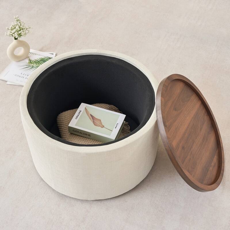 22.75" Linen Upholstered Round Nesting Storage Ottoman