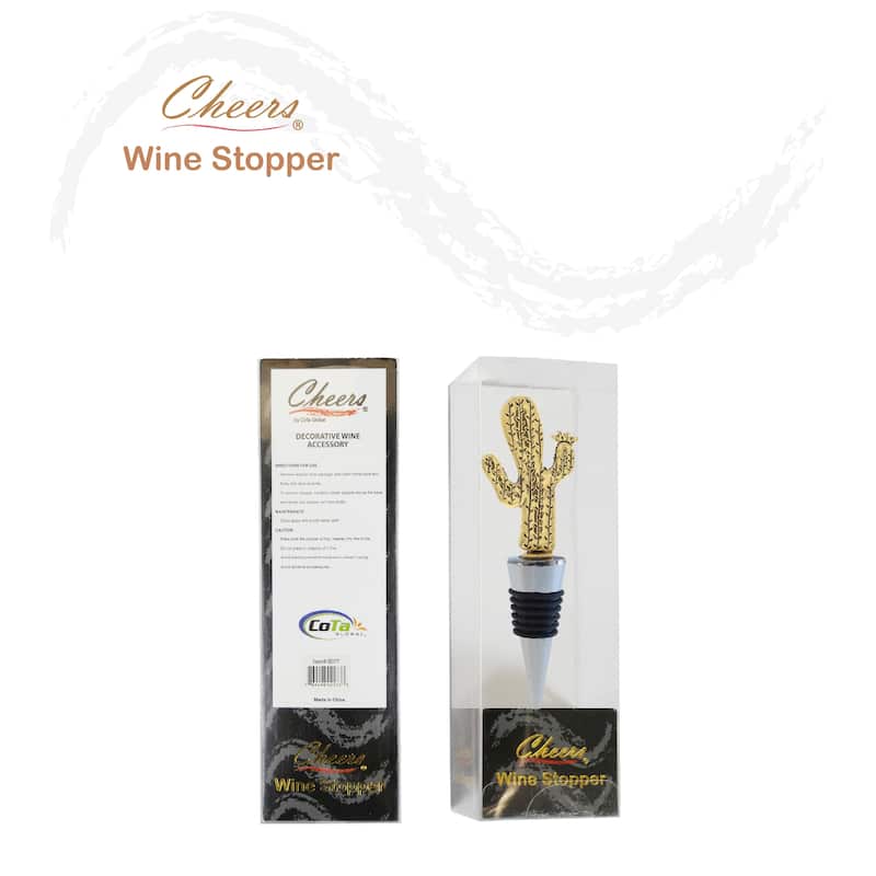 Cheers Gold Cactus Metal Wine Stopper - Elegant Vacuum Seal Reusable - 5 inches