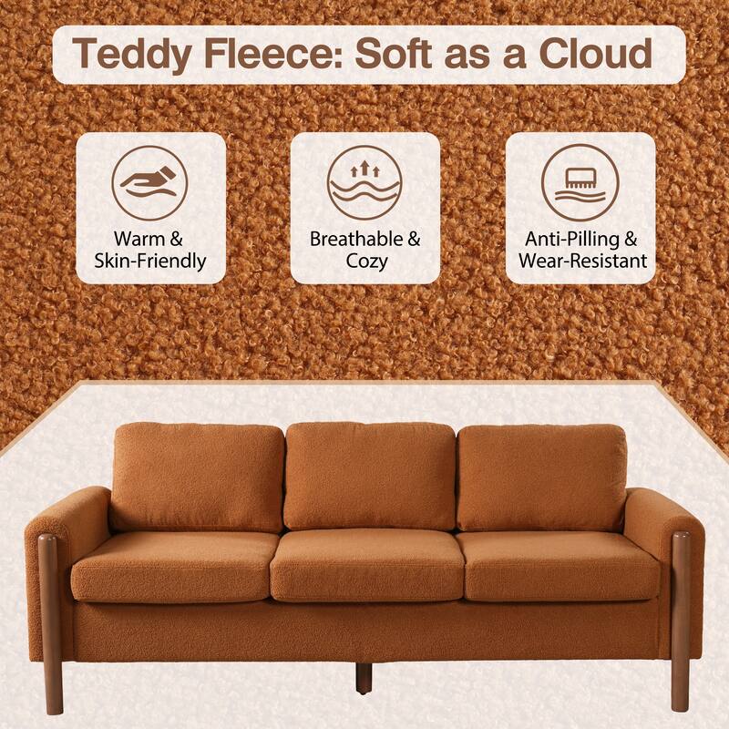 83.86" 3-Seater Sofa, Curved Armrest with Integrated Solid Wood Legs, Teddy Velvet Fabric, High Weight Capacity