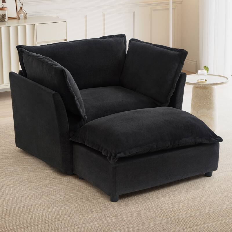 47" Cozy Upholstered Armchair with Movable Ottoman, Wide Seat, Curved Armrests and Soft Pillows