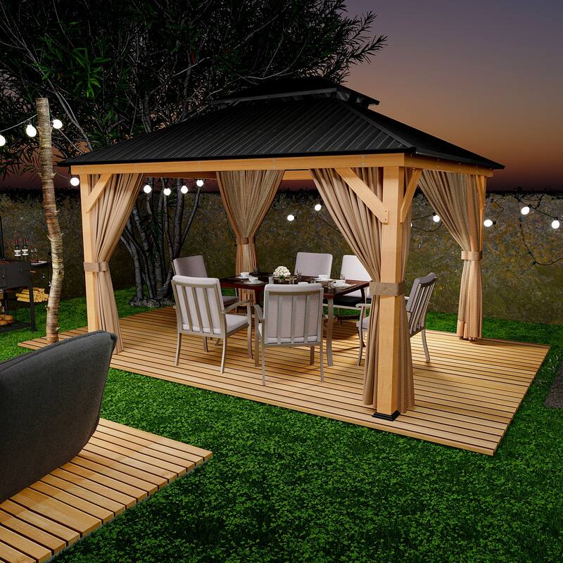 11 ft. x 13 ft. Outdoor Double Roof Hardtop Wooden Patio Gazebo with Netting and Curtains