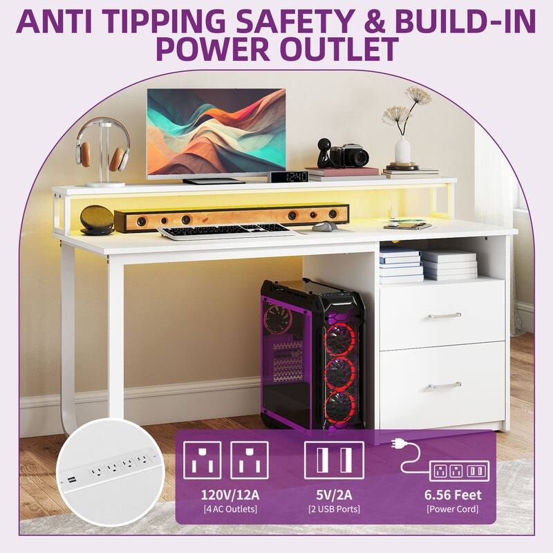 Moasis Home Office LED Light Computer Desk with Cabinet and Power Outlets