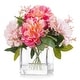 preview thumbnail 5 of 6, Enova Home Artificial Silk Dahlia Fake Flowers Arrangement in Clear Glass Vase with Faux Water for Home Wedding Decoration Pink