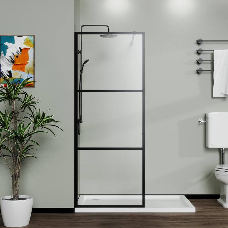 34" Shower Screen Door Walk-in Wet-room, Black, 3-panel Style - Black