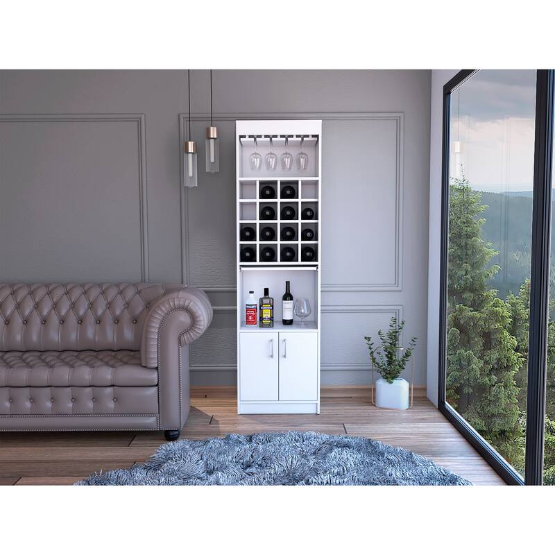 TUHOME Kava Bar Cabinet with 16 Wine Cubbies, 12 Glass Racks, 1 Shelf, Concealable Serving Tray, and Double Door - N/A