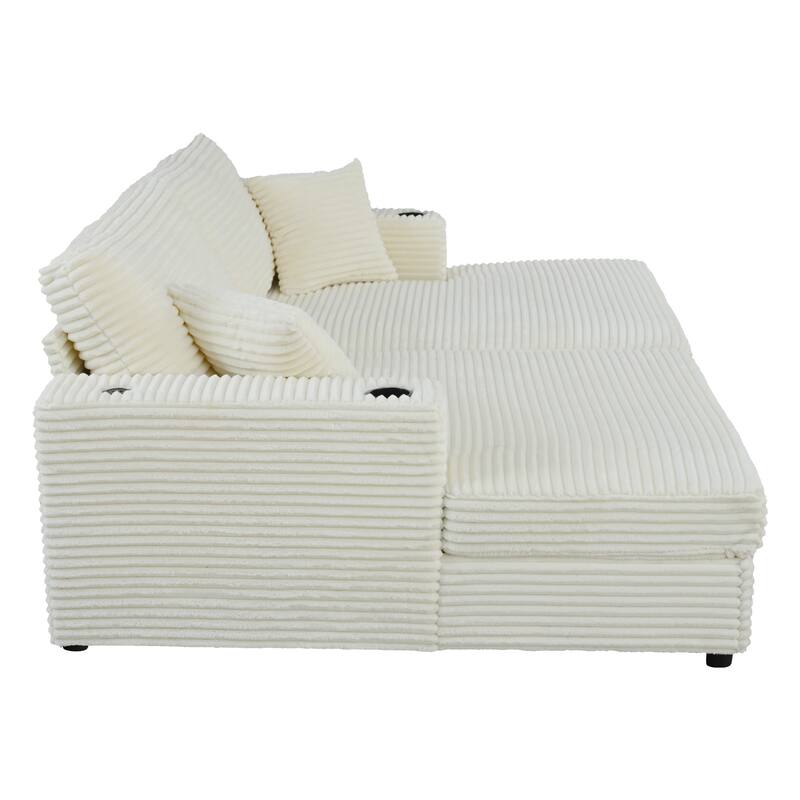 86.5" Corduroy Chaise Lounge Sofa Bed with USB & Cup Holders