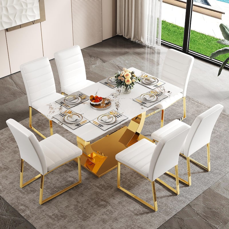 5-Piece Modern Tempered Glass Dining Table Set, 63-Inch Dining Table with 4 Minimalist Style Chairs