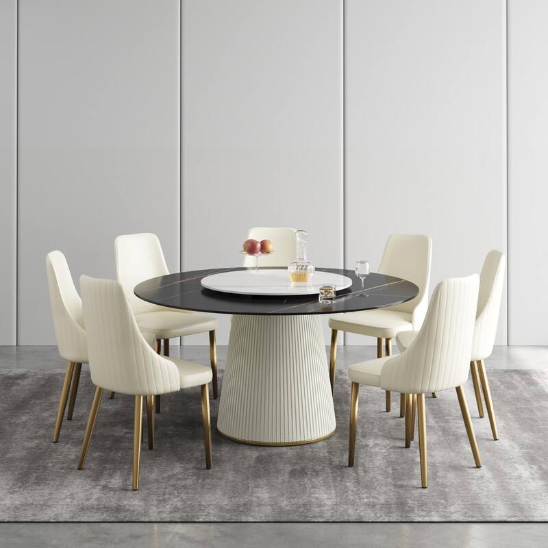 59'' Modern Round Dining Table for 8, Black Sintered Stone Tabletop with Lazy Susan