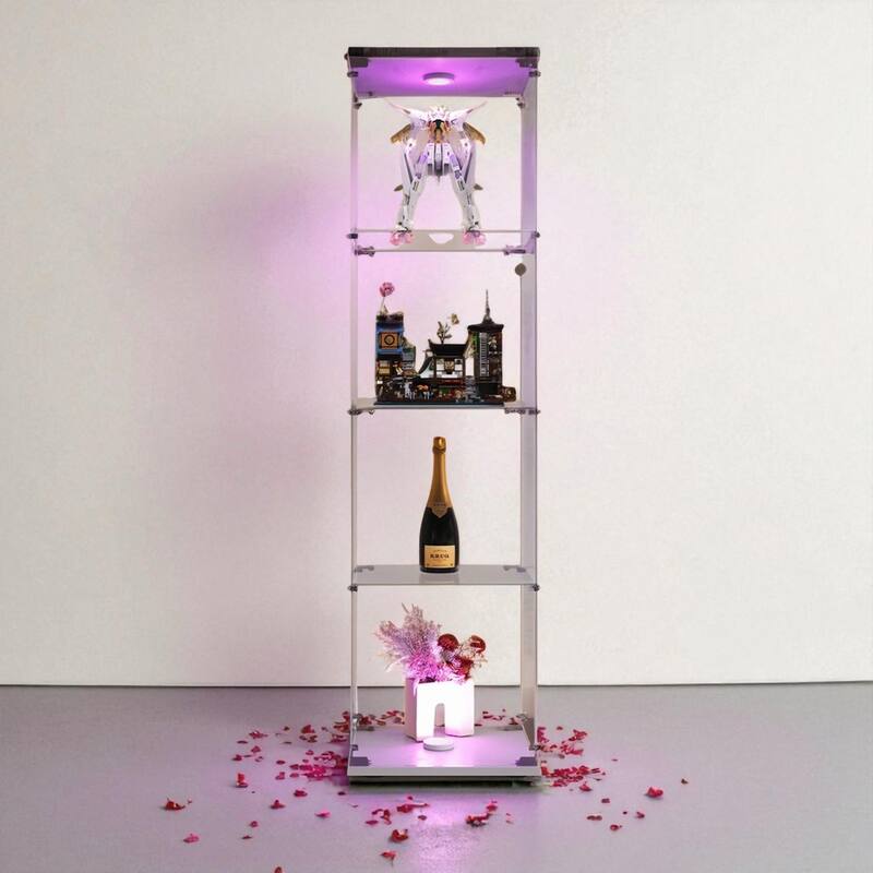 64" Lighted Glass Display Cabinet with One Door, 4 Shelves Tempered Glass Showcase Storage - White