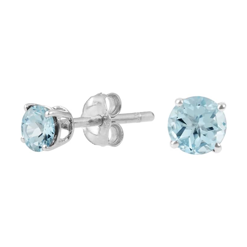 Sterling Silver Round 4mm Gemstone Birthstone Stud Earrings - Blue - Topaz