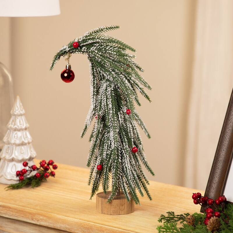 Flocked Curved Artificial Christmas Tree with Red Ornaments - 15"