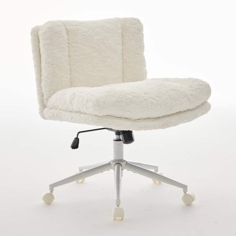 Roomfitters Wide Faux Fur Office Chair, Adjustable Swivel Desk Chair with White Metal Base, Cozy Upholstered Vanity Chair