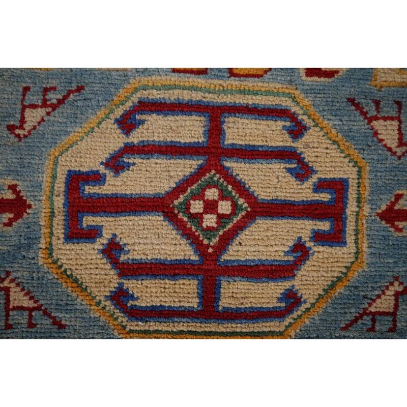 Light Blue Geometric Kazak Runner Rug Hand-Knotted Wool Carpet - 2'7" x 20'8"