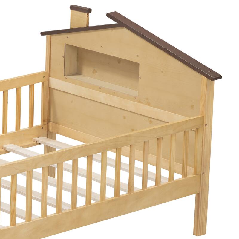 Natural Twin Size Wood Platform Bed with House-shaped Headboard, LED and Built-in Storage