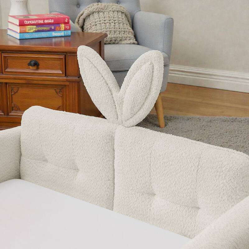 Twin Size Upholstered Platform Bed with Rabbit Ear Headboard, Kids Boucle Fabric Bed Frame with Safety Rail and Pocket