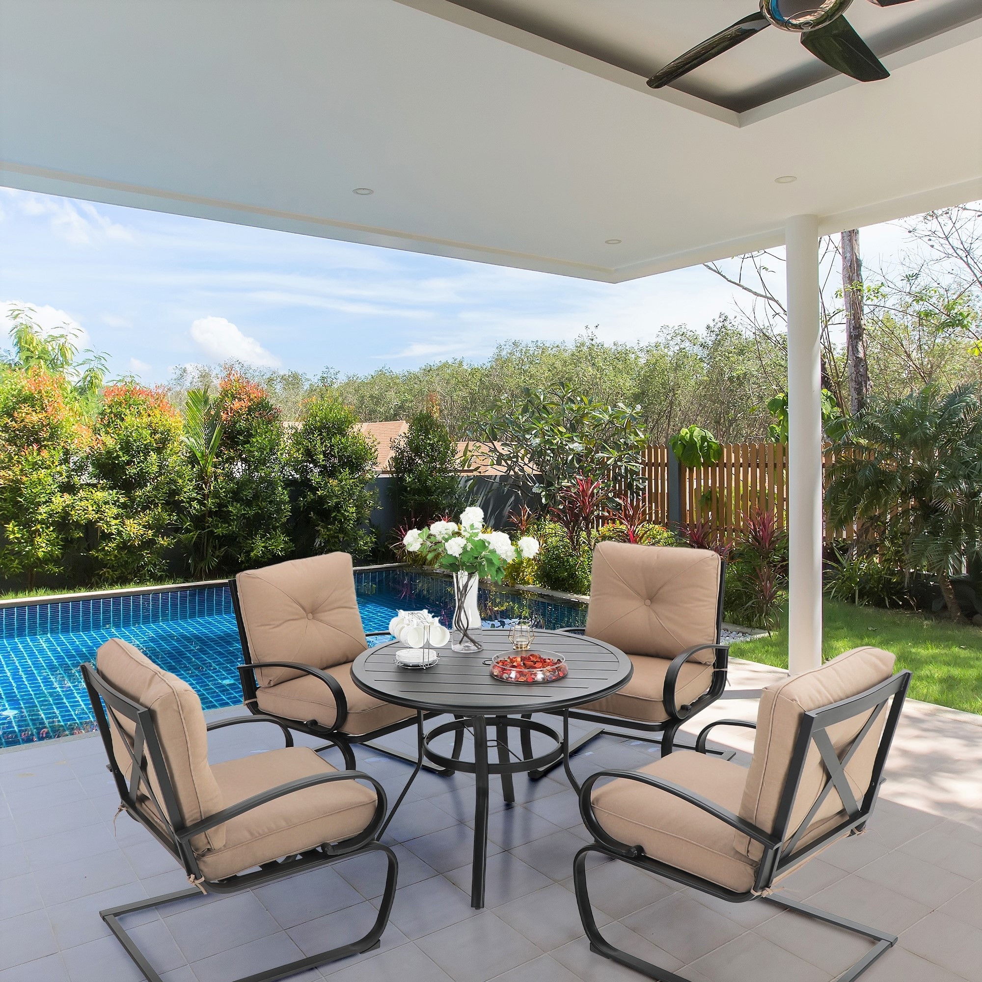 5 Pieces Patio Dining Set 4 Spring Dining Chairs and 1 Round