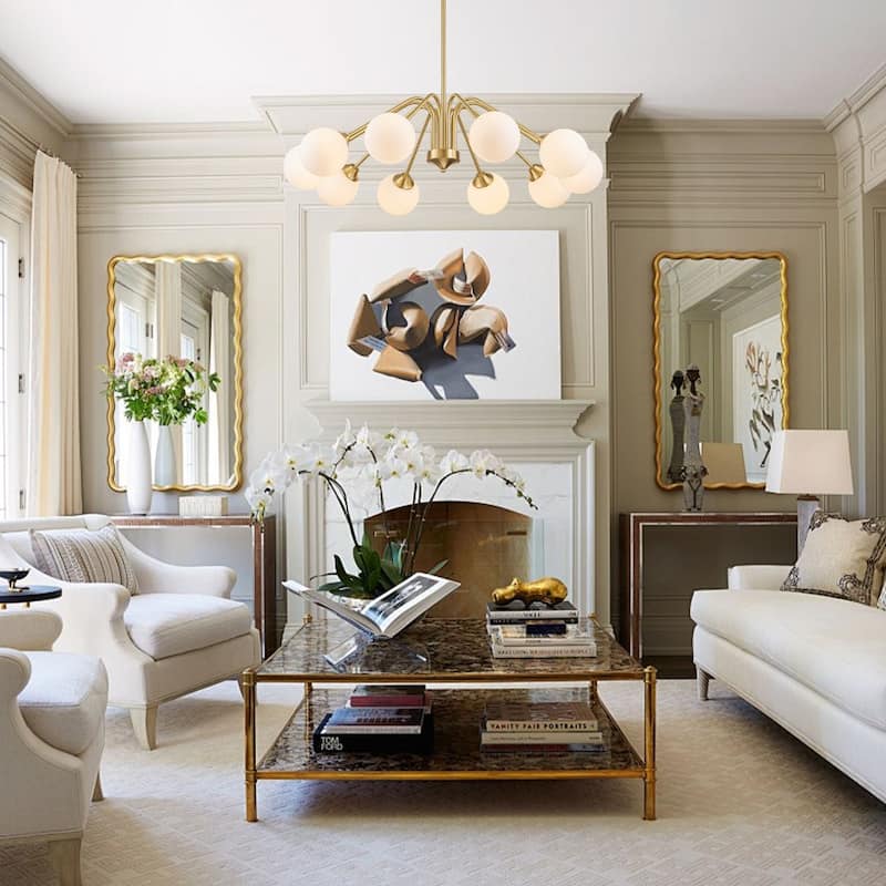 Mid-century Brass Opaline Glass Globe Radial Chandelier