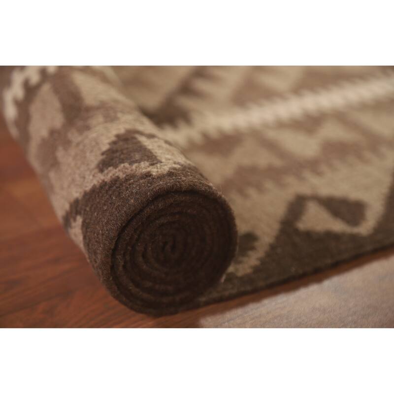 Hand Woven Oriental 100% Wool Carpet Southwestern Geometric Brown Kilim Area Rug - 9' 10'' X 6' 7''