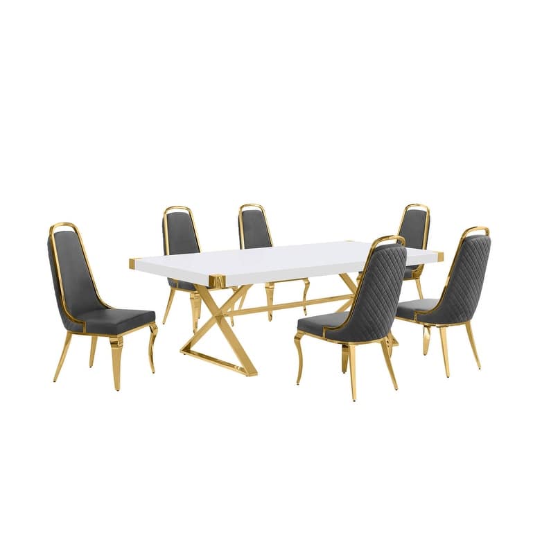 Best Quality Furniture D442/3-SC310-7 Dining Set with 94" White Lacquer Wood Top