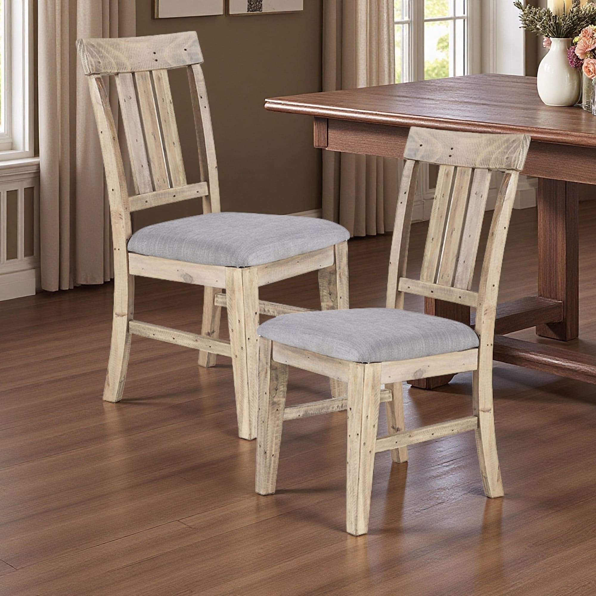 39.75"H Solid Pine Wood Country-Inspired Dining Side Chair Set of 2 with Upholstered Seat — Weathered Finish, 3" Cushion