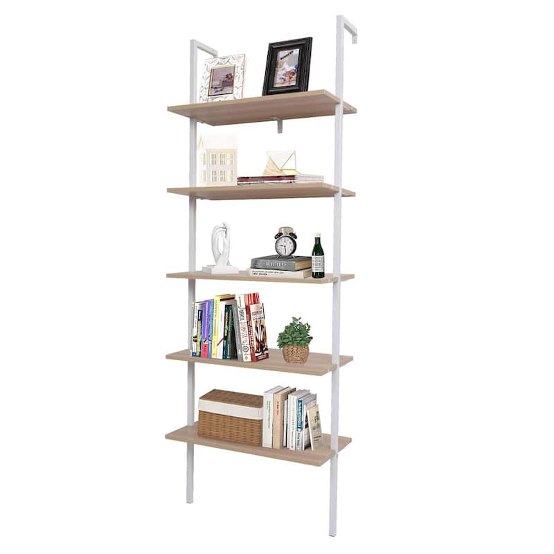 5-Tier Wood Ladder Bookcase with Metal Frame,Walnut - Beige