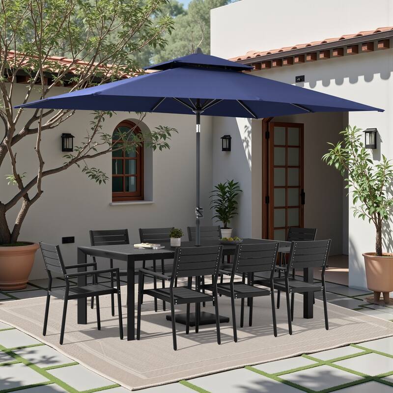 9/11-Piece Outdoor Patio Dining Set Aluminum Dining Table and Stackable Chairs w/10 ft Market Umbrella and Base