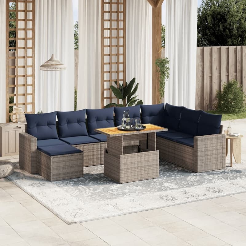 vidaXL Patio Sofa Set with Cushions Outdoor Furniture 9 Piece Poly Rattan - Grey - 21.7 x 24.4 x 27.2