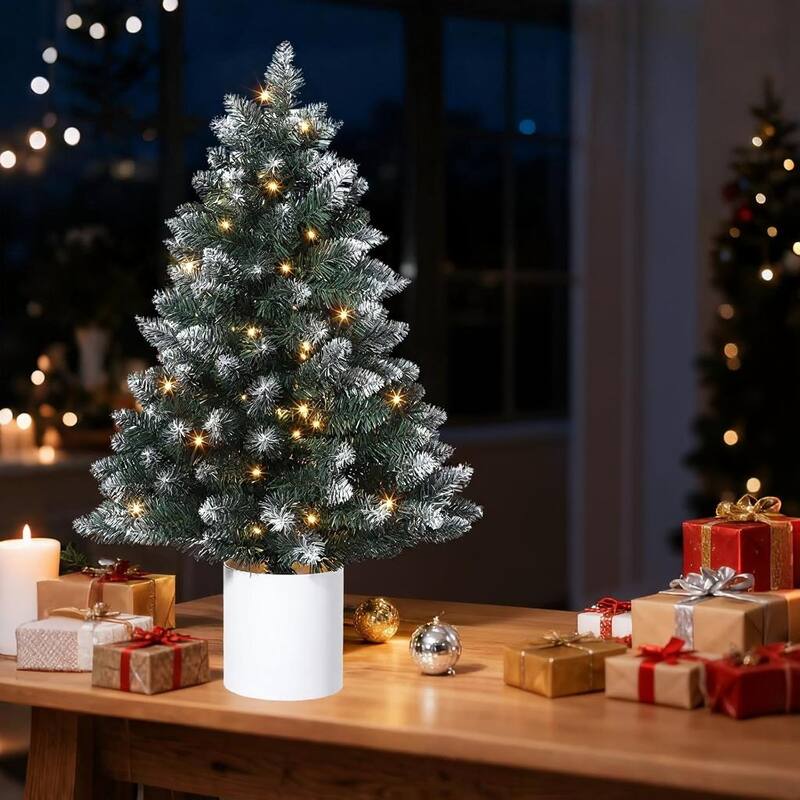 3 Ft Mini Christmas Trees, Snow Flocked, 40 Warm White Lights