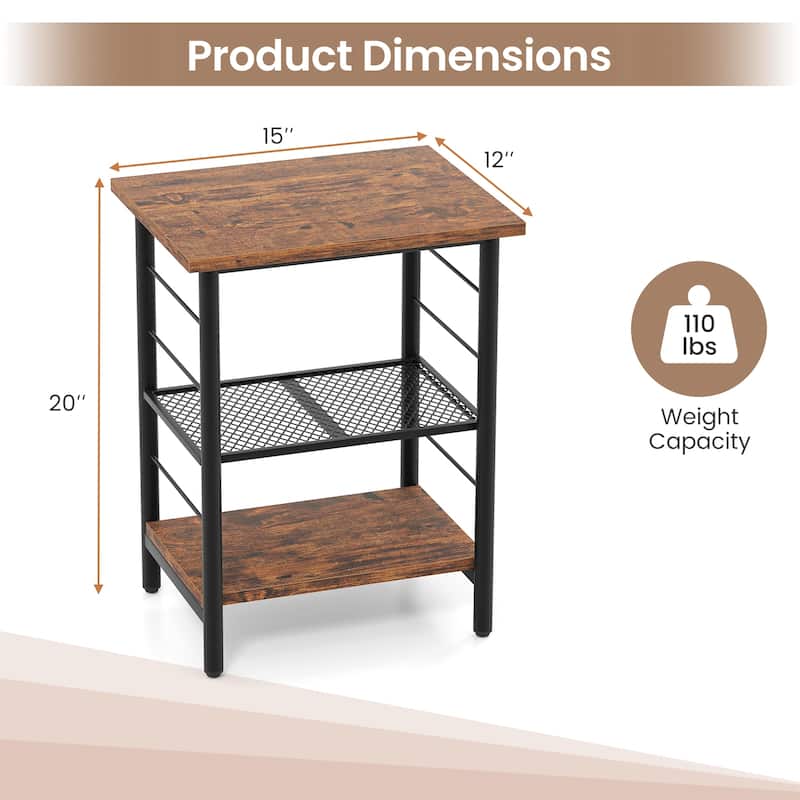 3-Tier Rustic Brown Compact End Table with Storage Shelf and Black Metal Frame for Bedroom Decor - 15" x 12" x 20"