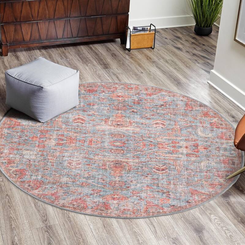 Transitional Pria Collection Area Rug - 3'11" Round - Antique Blue