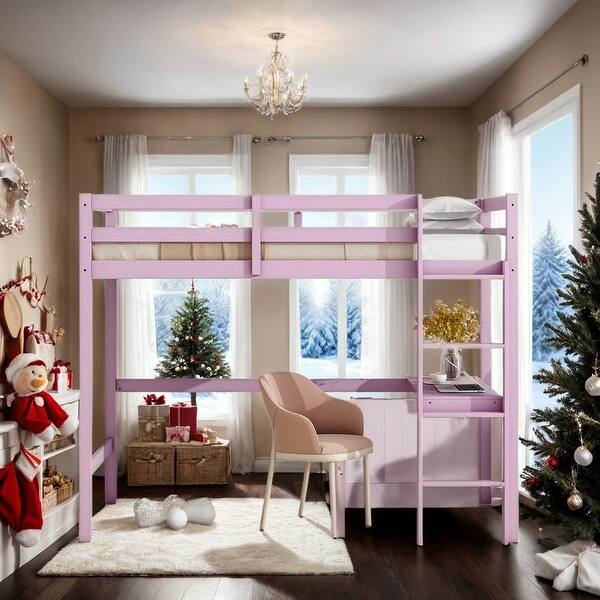 slide 2 of 34, Elegant Twin High Loft Bed, Rubber Wood Loft Bed with Safety Guardrail, Built-in Desk, Ladde Pink