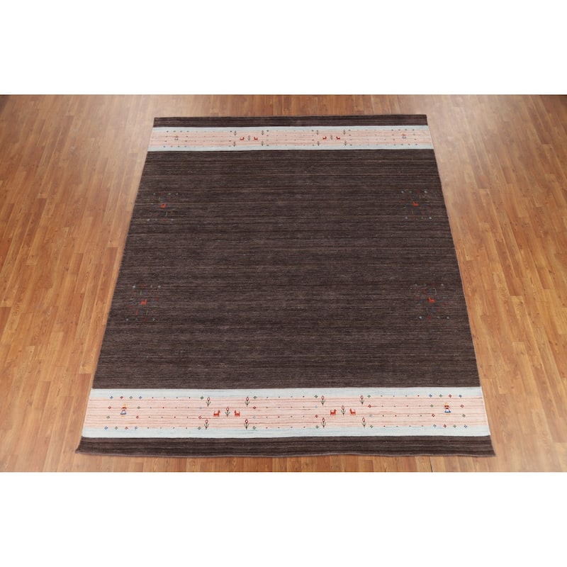 Tribal Brown Gabbeh Oriental Area Rug Handmade Wool Carpet - 8'1" x 9'8"