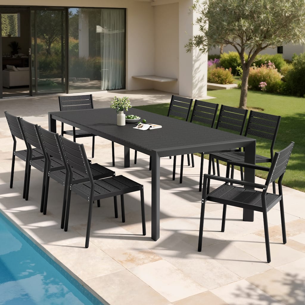 Set of 11 Outdoor Patio Dining Set WoodLike Table Top Aluminum Rectangular Umbrella Hole Table with Stackable Chairs Set