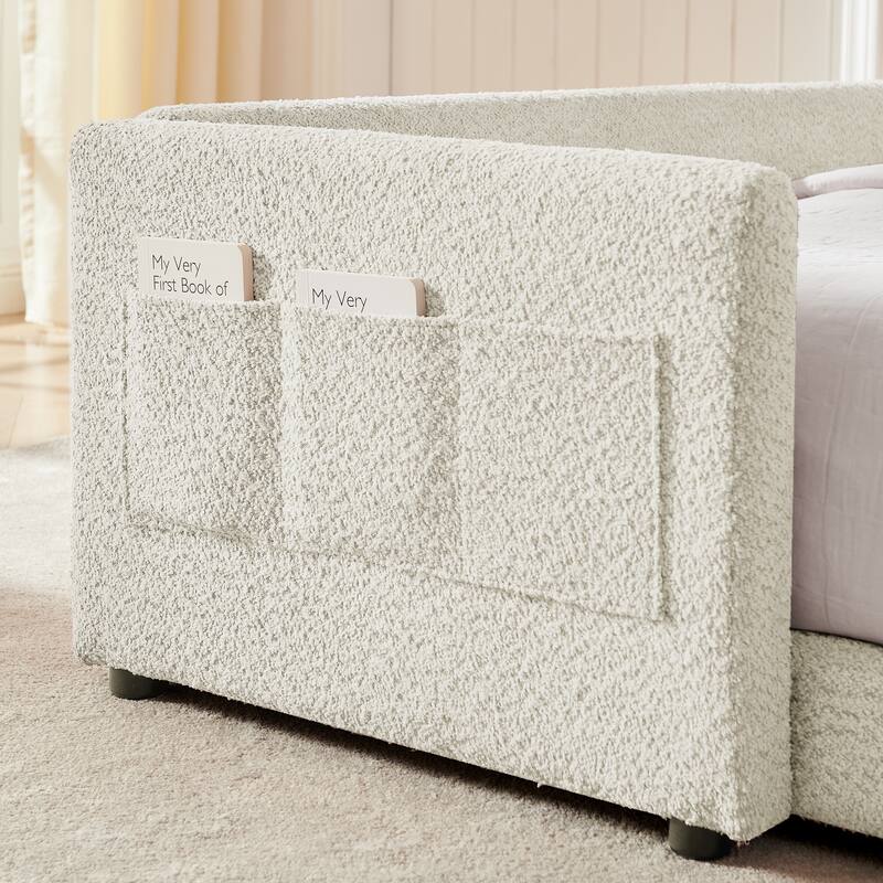 Full Size Upholstered Platform Bed with Cute Rabbit Ear Shaped Headboard, with Safety Rail and Pocket, Boucle Fabric