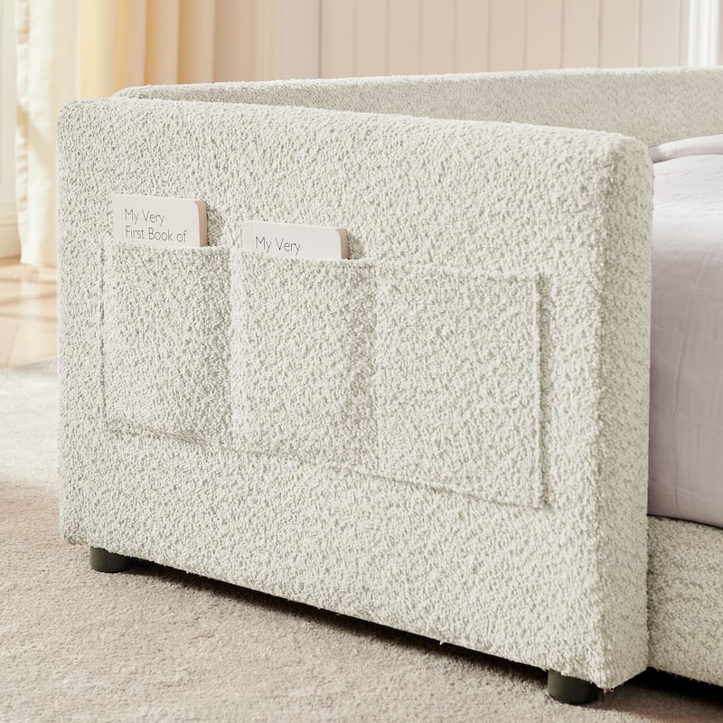 Upholstered Platform Bed with Safety Rail Pocket and RabbitEar Platform Bed w/Skin-friendly Boucle Wood Slat Support Bed Frame