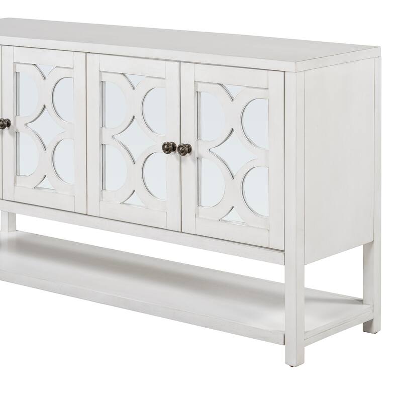 60" Retro Wooden Console Table Storage Cabinet with Mirrored Doors, Spacious Shelves and Acacia Wood Legs
