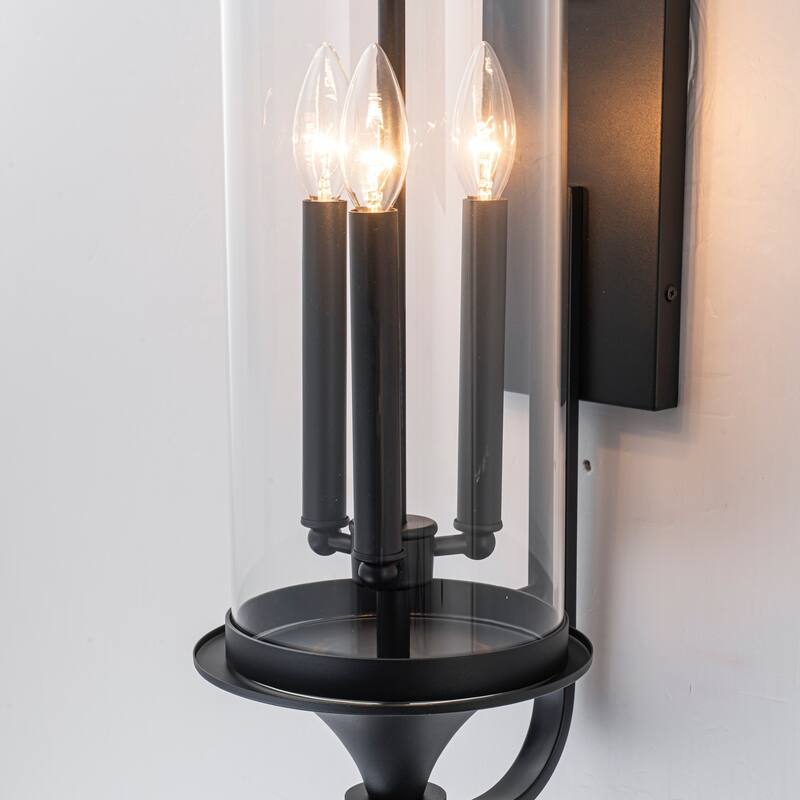 32.7" H 3-Light Industial Black Outdoor Hardwired Wall Lantern Sconce with Cylindrical Clear Glass for Home Outside