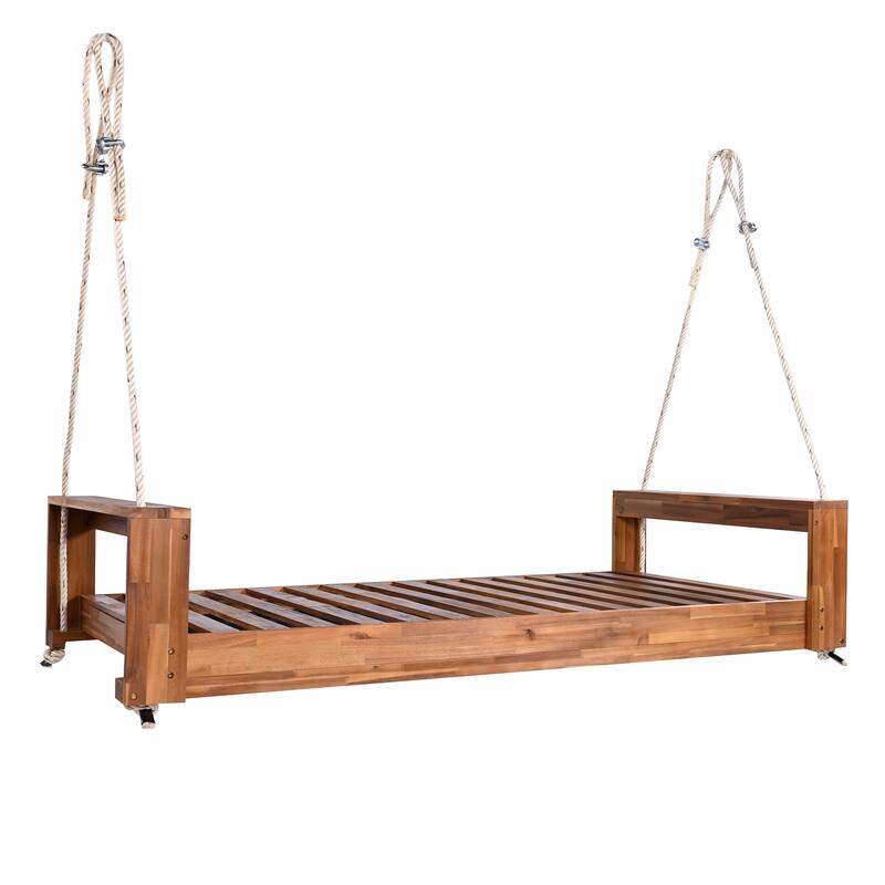 Swing Bed Seating Group, Patio Acacia Wood Swing Frame with Hemp Ropes for Garden, Backyard(Cushions and pillows not included)